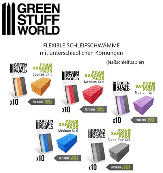 Green Stuff Schleifpad  mit verschiedenen Körnungen, je 1 Pack.